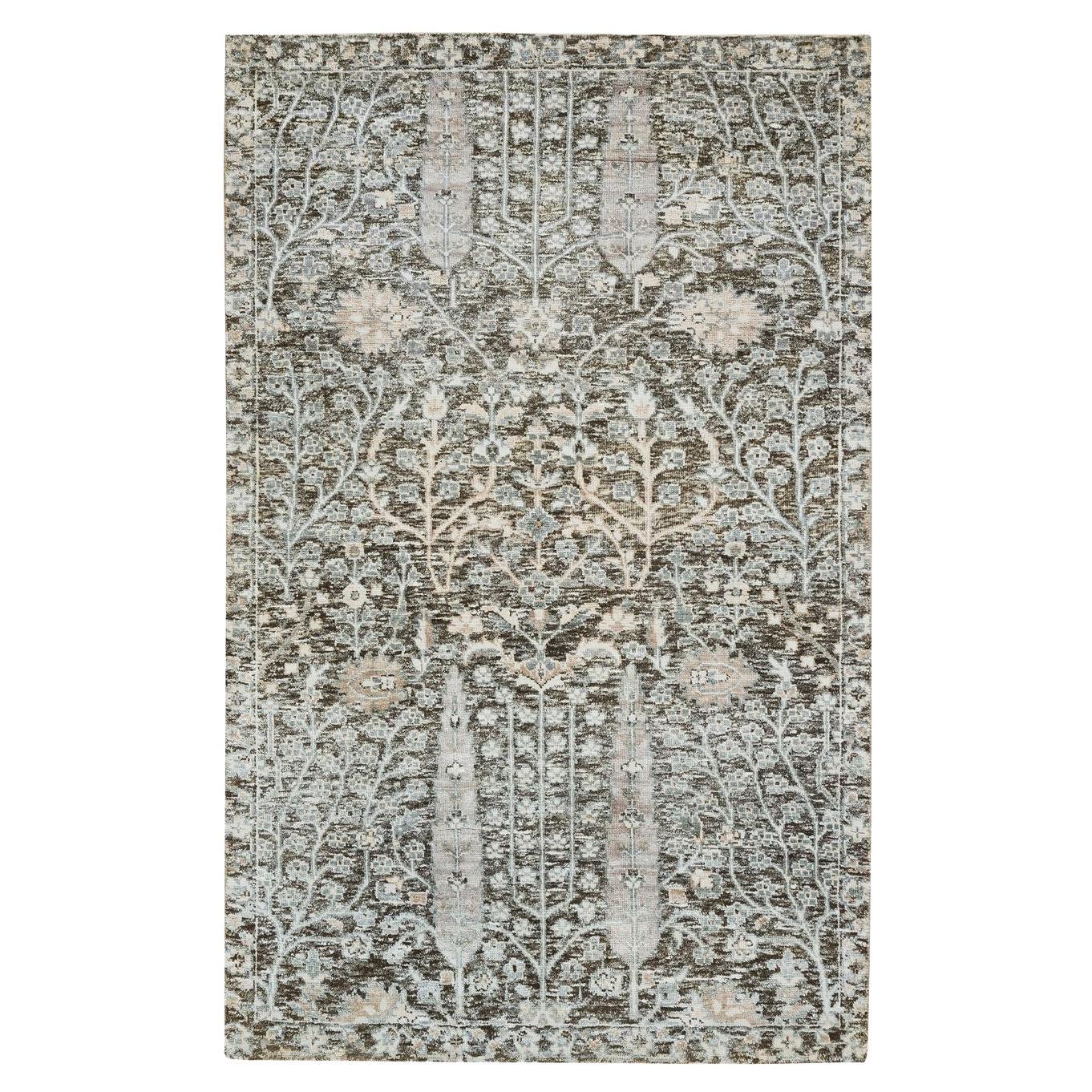 3'x5' Alfombra anudada a mano de seda y lana con diseño de sauce negro y ciprés