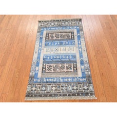 3'x5' Blue Kashkuli Gabbeh with Animal Figurines Hand Knotted Pure Wool Rug