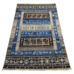 3'x5' Blue Kashkuli Gabbeh with Animal Figurines Hand Knotted Pure Wool Rug