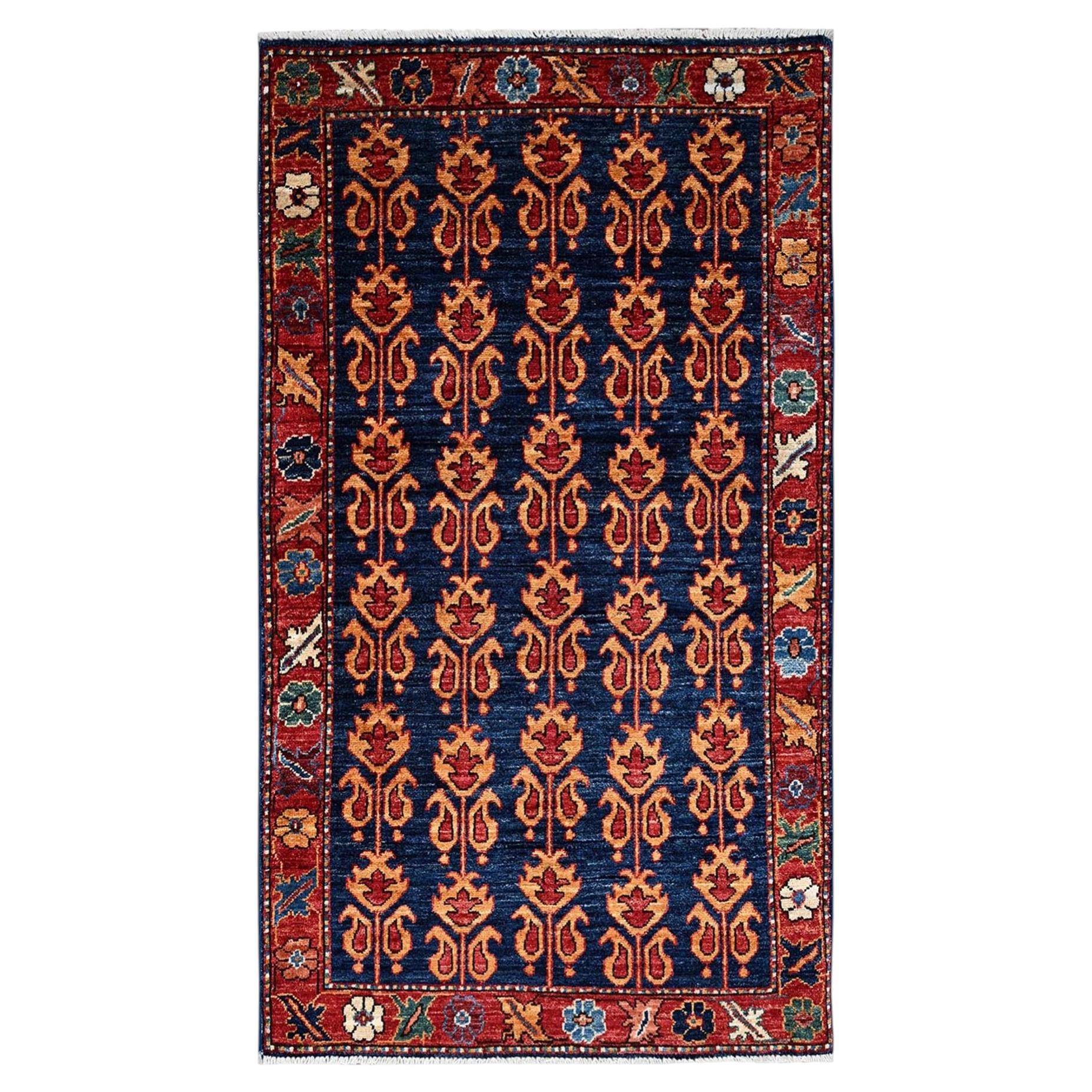 3'x5' Blue Northwest Zoroastrian Design Hand Knotted Pure Wool Aryana Grade Rug