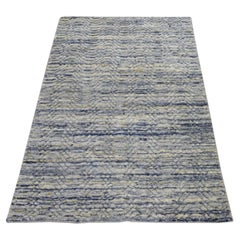 Tappeto in pura lana, tessuto a mano in stile moderno, con motivo variegato blu e texture, 3'x5'