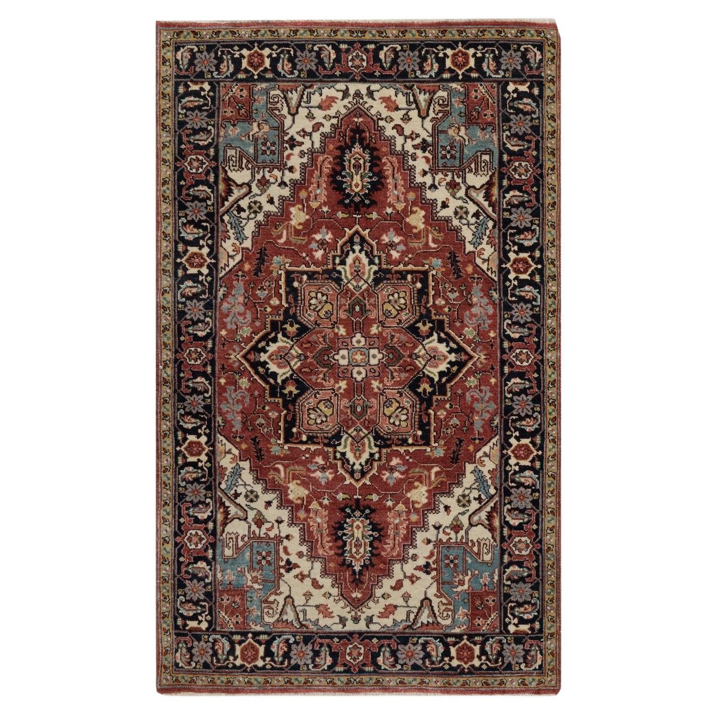 3'x5' Brick Red Antiqued Fine Heriz Re-Creation Hand Knotted Soft Wool Rug