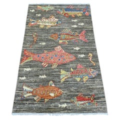 3'x5' Brown Afghan Peshawar Oceanic Fish Design Hand Knotted Soft Wool Rug