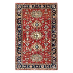 Tappeto in lana morbida annodato a mano 3'x5' Chili Red Karajeh Design Tribal Medallions