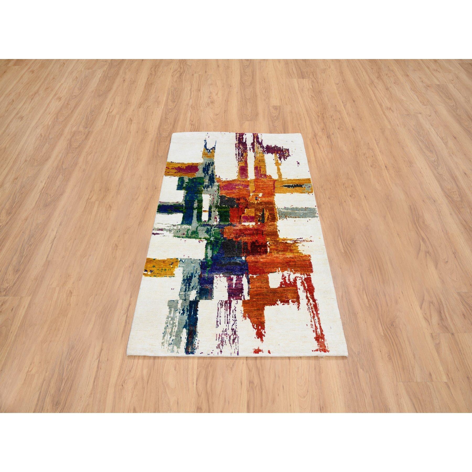 This is a truly genuine one-of-a-kind Colorful, Modern Abstract Motifs Painter's Brush Strokes, Wool and Sari Silk, Hand Knotted, Oriental Rug. It has been Knotted for months and months in the centuries-old weaving craftsmanship techniques by expert