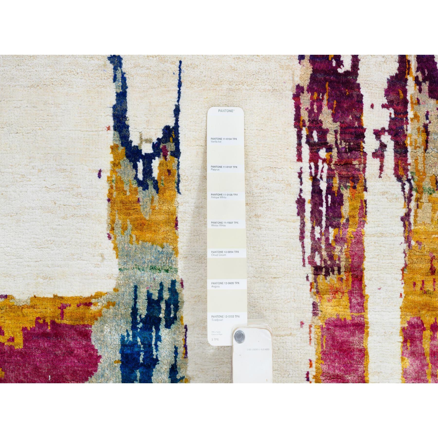 Hand-Woven 3'x5' Colorful Modern Abstract Motifs Wool and Sari Silk Hand Knotted Rug For Sale