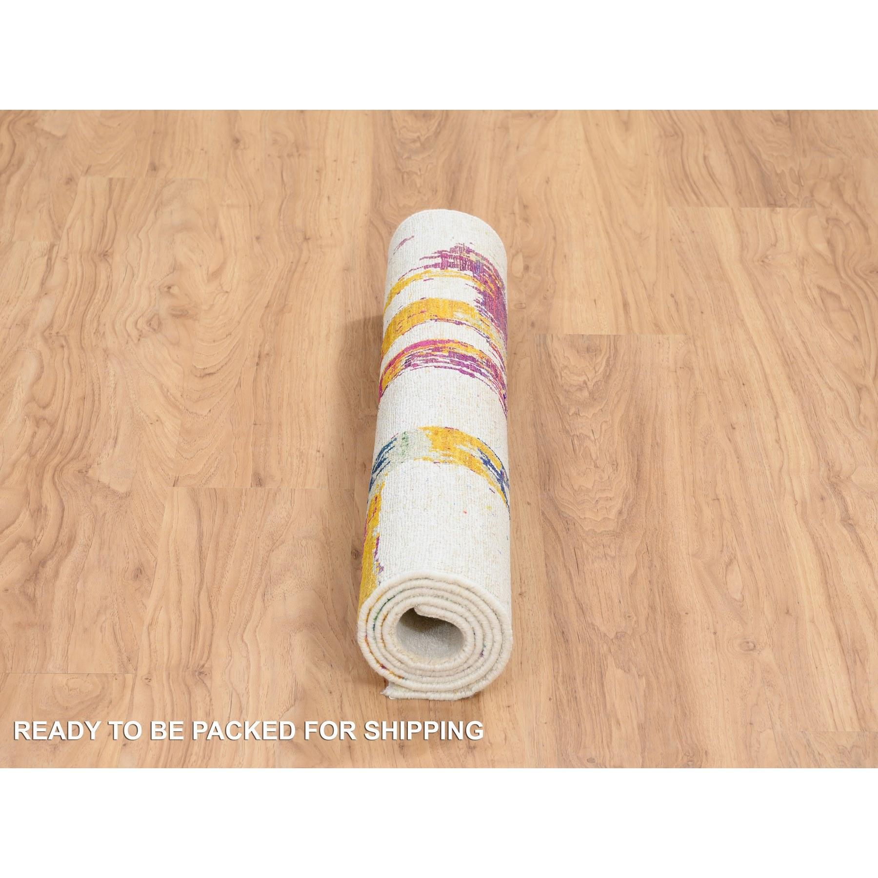 Contemporary 3'x5' Colorful Modern Abstract Motifs Wool and Sari Silk Hand Knotted Rug For Sale