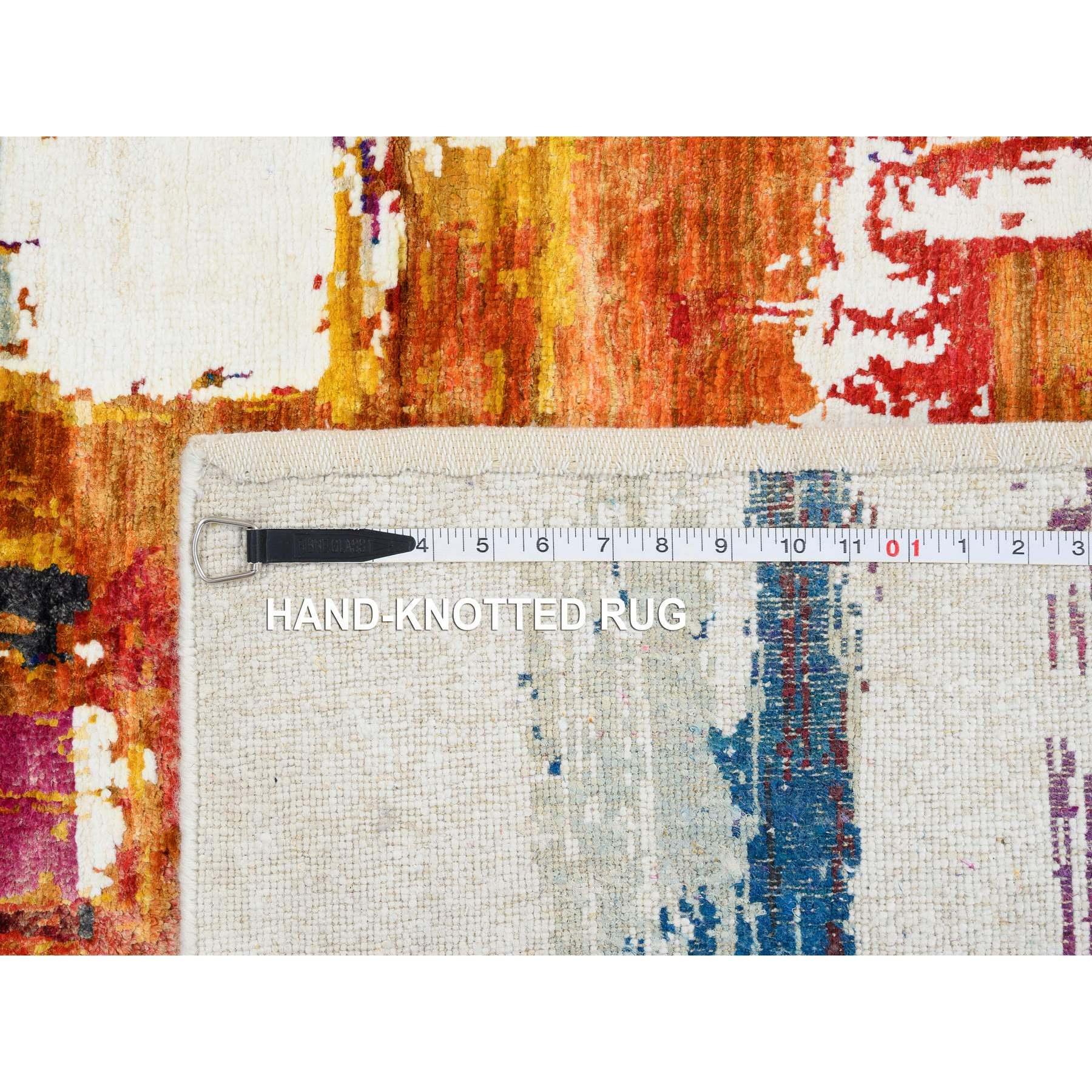 3'x5' Colorful Modern Abstract Motifs Wool and Sari Silk Hand Knotted Rug For Sale 2