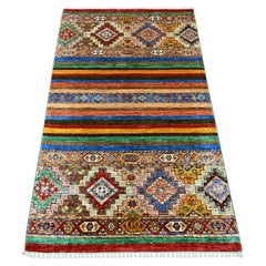 3'x5' Bunter, handgeknüpfter Orientteppich aus natürlicher Wolle, Super-Kazak-Stil