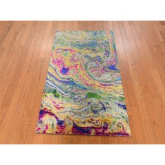 3'x5' Colorful The Lava Design Sari Silk with Textured Wool Hand Knotted Rug