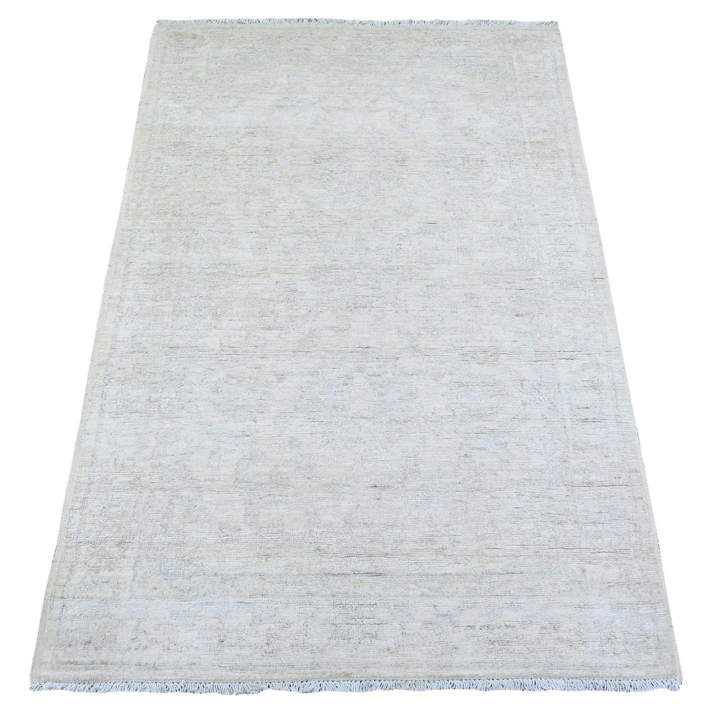 3'x5' Delicate White 100% Wool Hand Knotted Washed Out Peshawar Oriental Rug For Sale