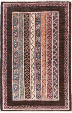 3x5 ft Colorful Hand Knotted Oushak Wool Rug. Turkish Stripe Motif Accent Rug