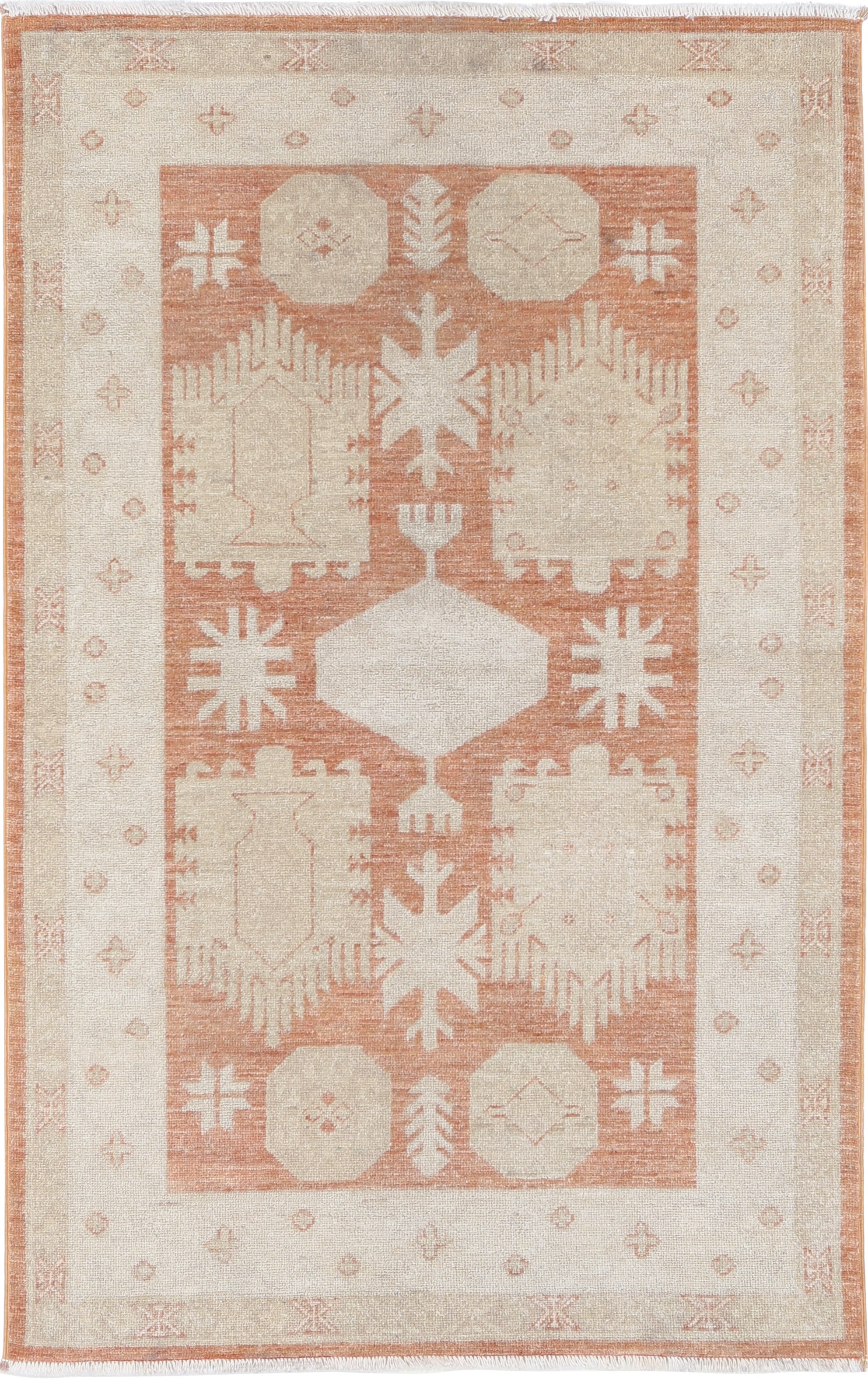 3x5 ft Hand Knotted Beige, Red Wool Area Rug. Turkish Tribal Motif Accent Rug