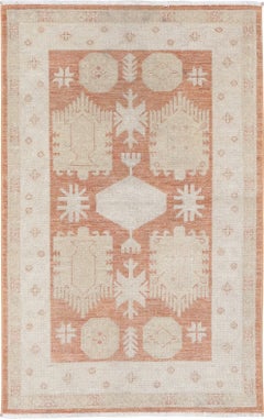 3x5 ft Hand Knotted Beige, Red Wool Area Rug. Turkish Tribal Motif Accent Rug