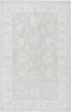 3x5 ft Hand Knotted Beige Turkish Oushak Wool Rug with All-Over Floral Design