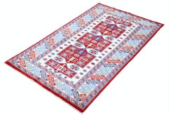 3x5 ft Hand Knotted Ivory, Red and Blue Wool Area Rug. Tribal Motif Accent Rug