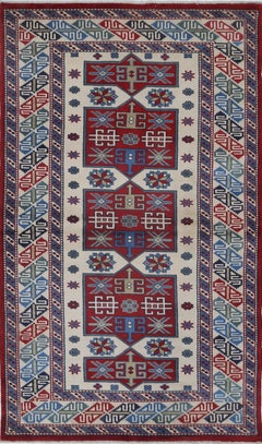 3x5 ft Hand Knotted Ivory, Red and Blue Wool Area Rug. Tribal Motif Accent Rug