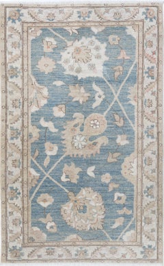 3x5 ft Hand Knotted Light Blue, Ivory, Beige Turkish Oushak Wool Accent Rug