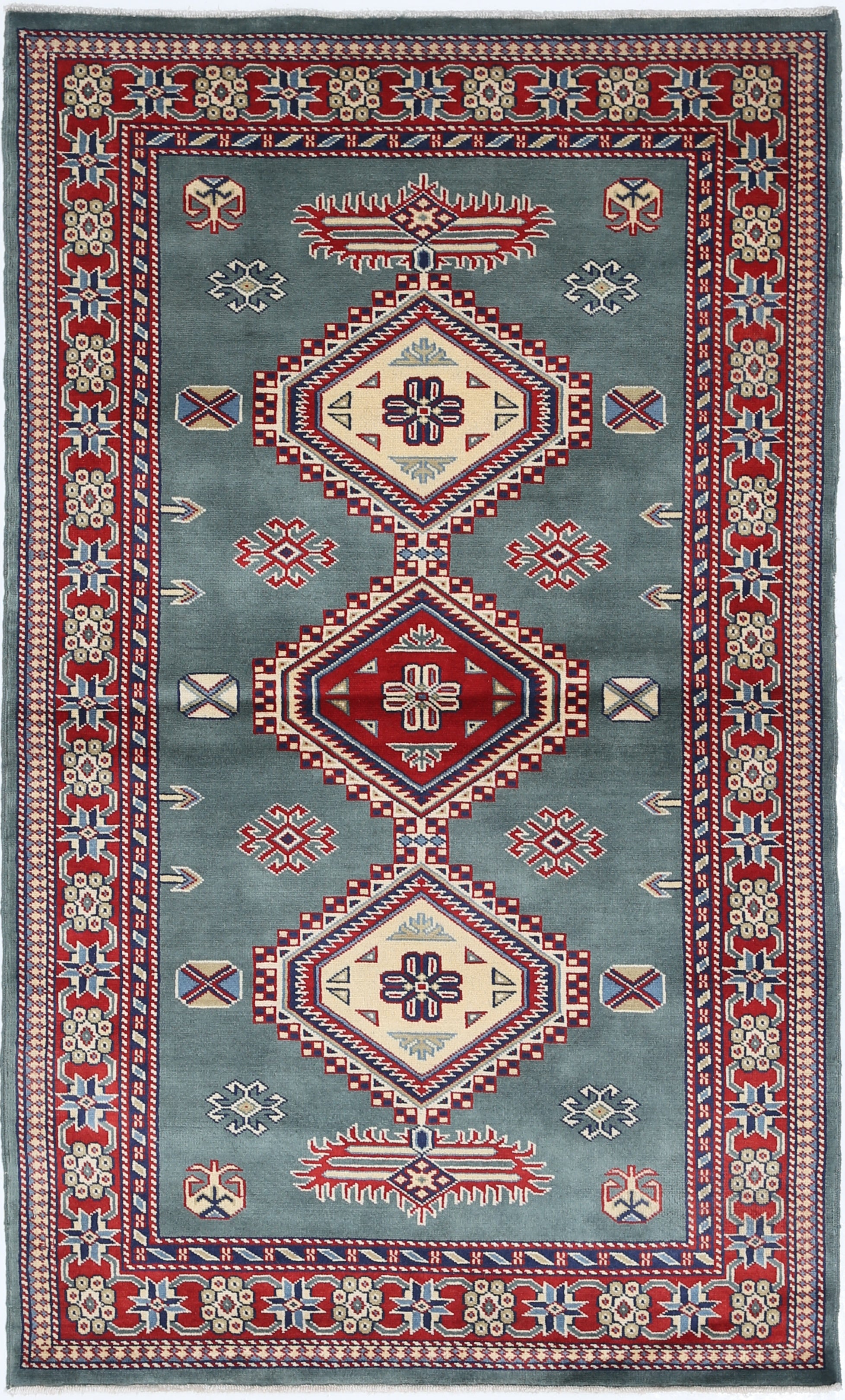 3x5 ft Hand Knotted Slate Blue, Red, Ivory Tribal Accent Rug. Geometric Wool Rug