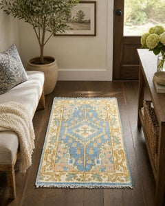 3x5 ft Handmade Oushak Wool Rug, Blue Medallion Design Accent Rug for Entryway