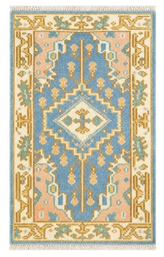 3x5 ft Handmade Oushak Wool Rug, Blue Medallion Design Accent Rug for Entryway