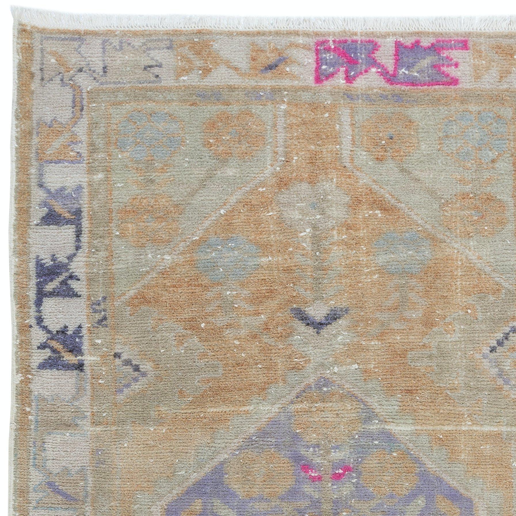 Hand-Knotted 3x5 Ft Mid-Century Small Rug, Faded Accent Rug, Handmade Turkish Wool Door Mat For Sale