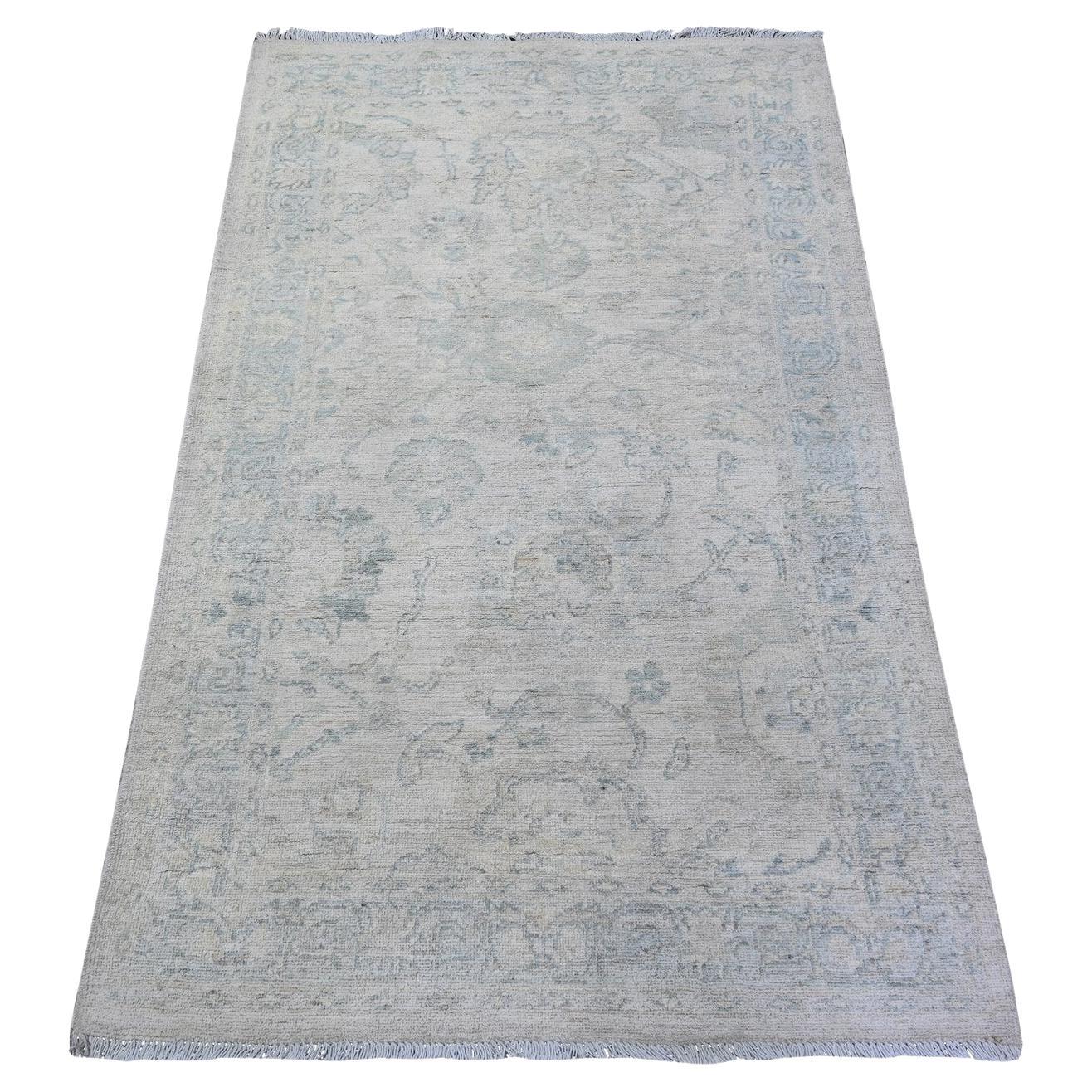 3'x5' Gainsboro Gray Pure Wool White Wash Peshawar Hand Knotted Rug