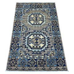 3'x5' Grauer afghanischer Ersari mit Elefantenfüßen Design Handgeknüpfter Wollteppich