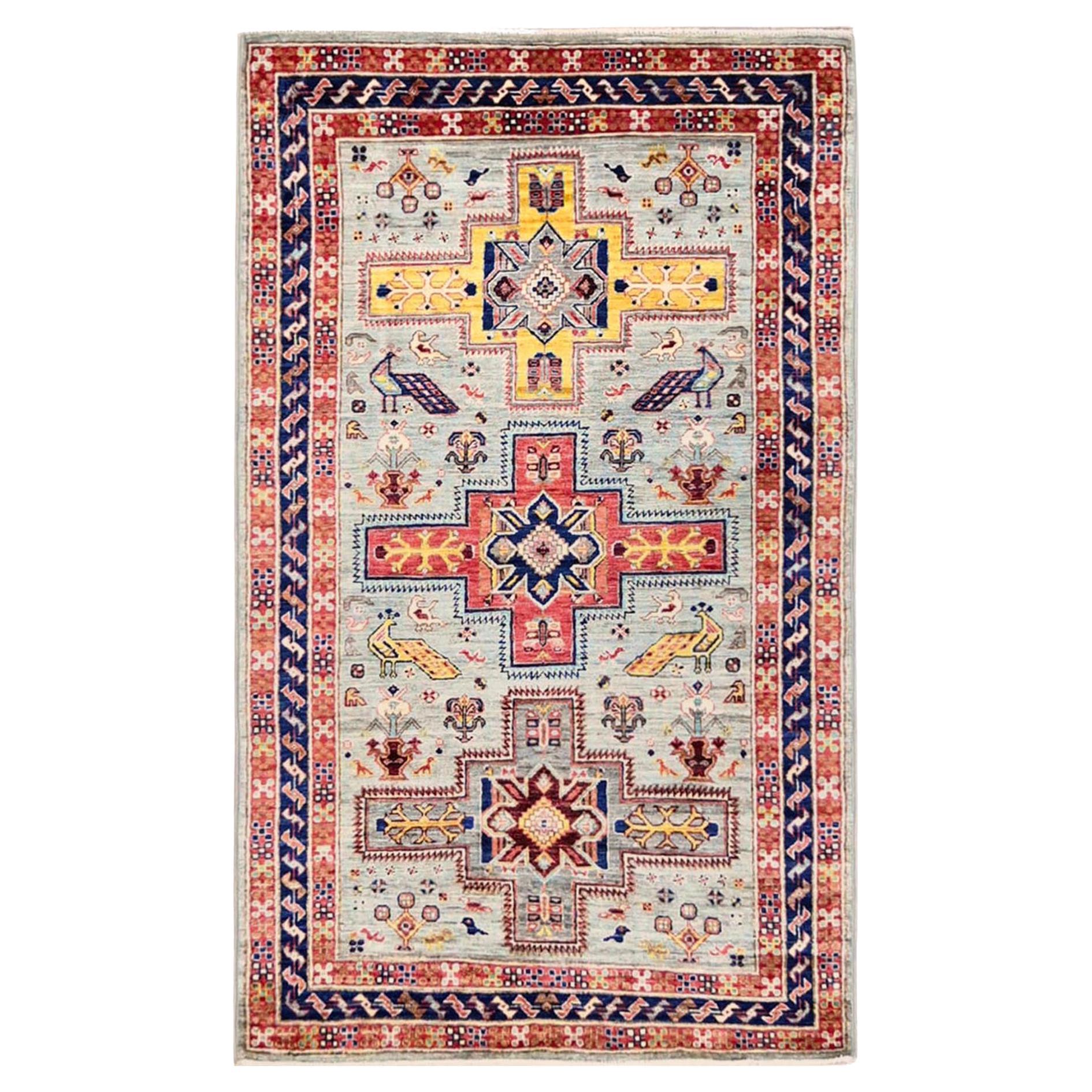 3
x5
 Gray All Wool Hand Knotted Armenian Inspired Caucasian Design Rug For Sale