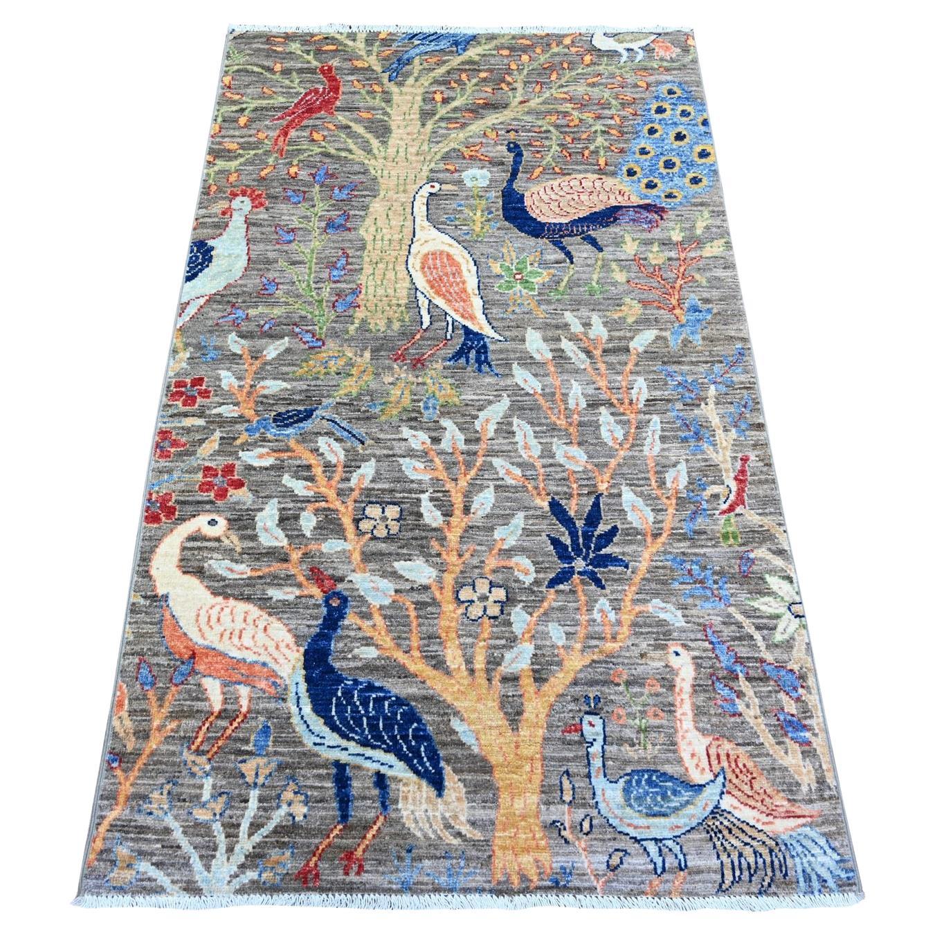 3'x5' Alfombra Oriental de Lana Peshawar Anudada a Mano Gray Birds Paradise
