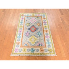3'x5' Gray Colorful Fusion Kazak with Geometric Design Hand Knotted Wool Rug