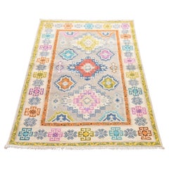 3'x5' Gray Colorful Fusion Kazak with Geometric Design Hand Knotted Wool Rug