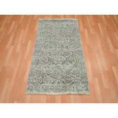 3'x5' Gray Erased and Broken Garden Design Hand Knotted Pure Wool Runner Rug