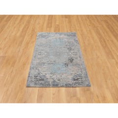 3'x5' Gray Erased Design Wool And Silk Hand Knotted Oriental Rug