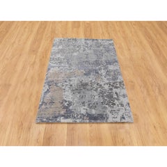 3'x5' Gray Erased Design Wool And Silk Runner Hand Knotted Oriental Rug Sh58463