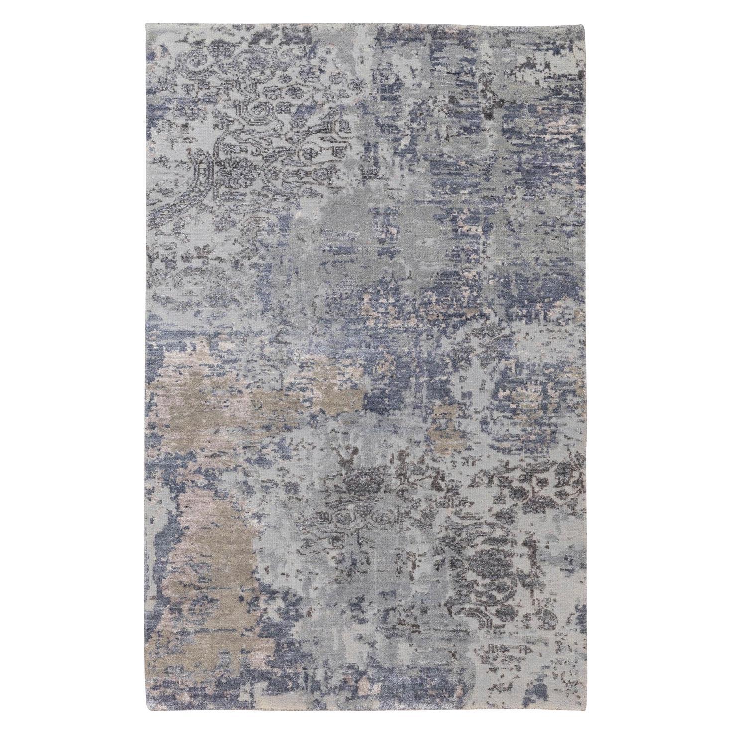 3'x5' Gray Erased Design Wool And Silk Runner Hand Knotted Oriental Rug Sh58463