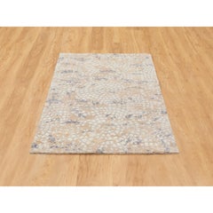 3'x5' Gray Wool and Pure Silk Mosaic Design Hand Knotted Modern Oriental Rug
