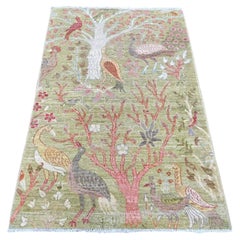 3'x5' Green Afghan Peshawar Birds of Paradise Design Hand Knotted Wool Rug