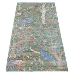 3'x5' Green Peshawar Birds of Paradise Design Hand Knotted Wool Oriental Rug