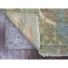 3'x5' Green Peshawar with Birds of Paradise Design Hand Knotted Wool Rug