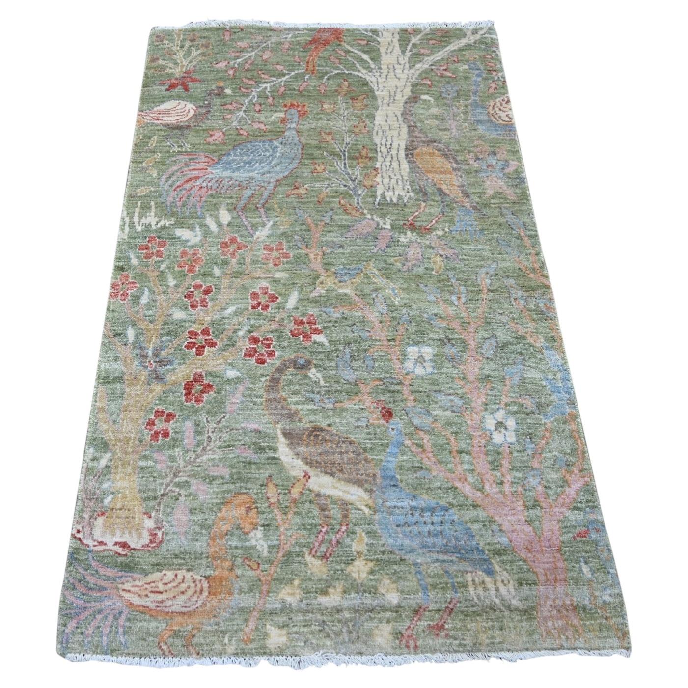 3'x5' Green Peshawar with Birds of Paradise Design Hand Knotted Wool Rug