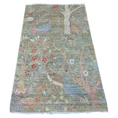 3'x5' Green Peshawar with Birds of Paradise Design Hand Knotted Wool Rug