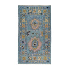 3x5 Hand-Knotted Turkish Oushak Wool Rug, Soft Teal Double Medallion
