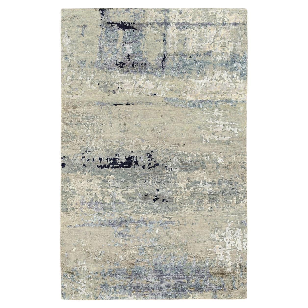 Tappeto 3'x5' Avorio Design Astratto in Lana e Seta Annodato a Mano in vendita