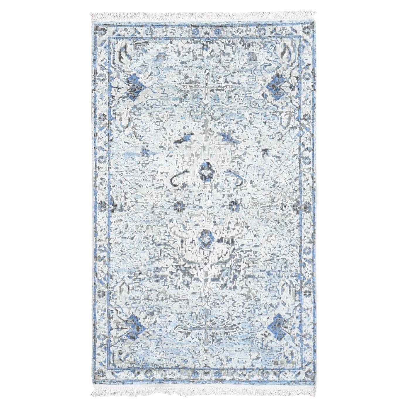 3'x5' Ivory Distressed Oushak Pure Silk with Textured Wool Hand Knotted Rug