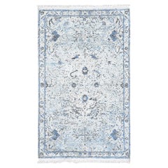 3'x5' Ivoire Distressed Oushak Pure Silk with Textured Wool Tapis noué à la main