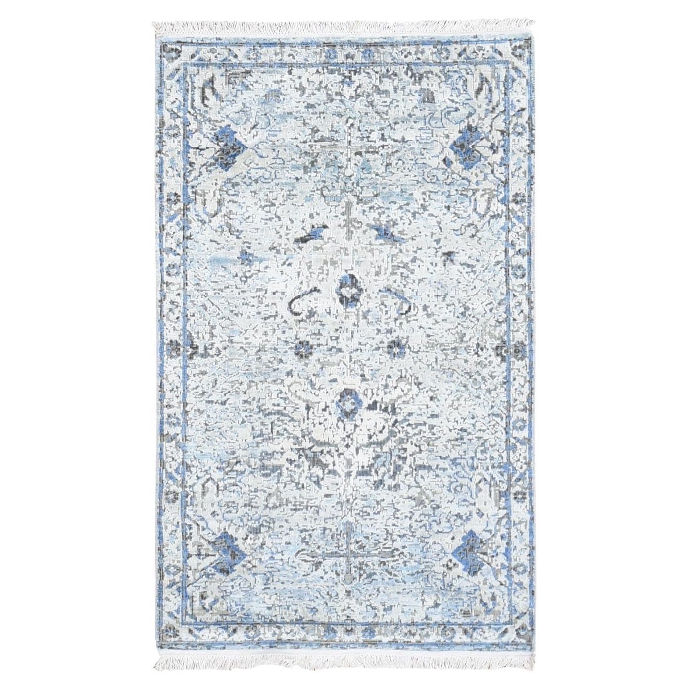 3'x5' Elfenbein Distressed Oushak Teppich aus reiner Seide mit strukturierter Wolle, handgeknüpft