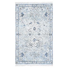 3'x5' Elfenbein Distressed Oushak Teppich aus reiner Seide mit strukturierter Wolle, handgeknüpft