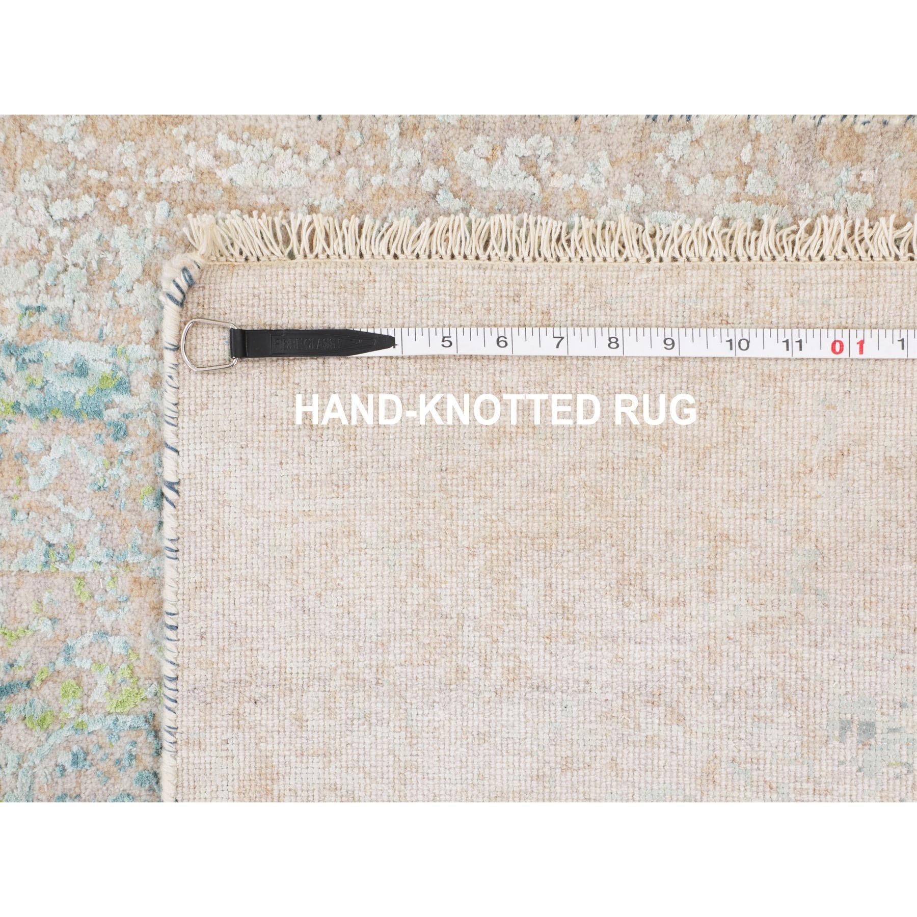 3'x5' Ivory Touch Of Green Pure Silk with Textured Wool Hand Knotted Rug For Sale 1