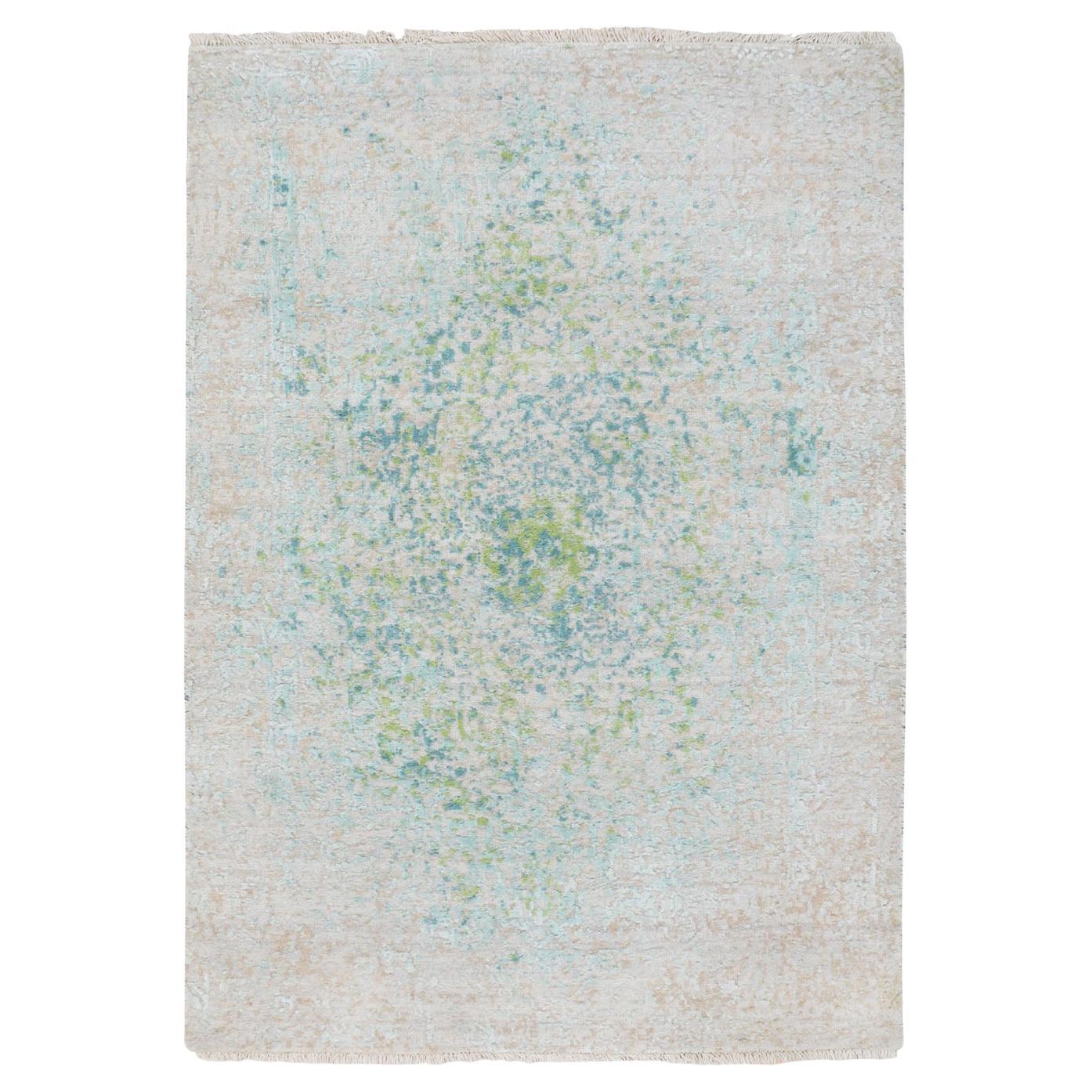 3'x5' Ivory Touch Of Green Pure Silk with Textured Wool Hand Knotted Rug For Sale